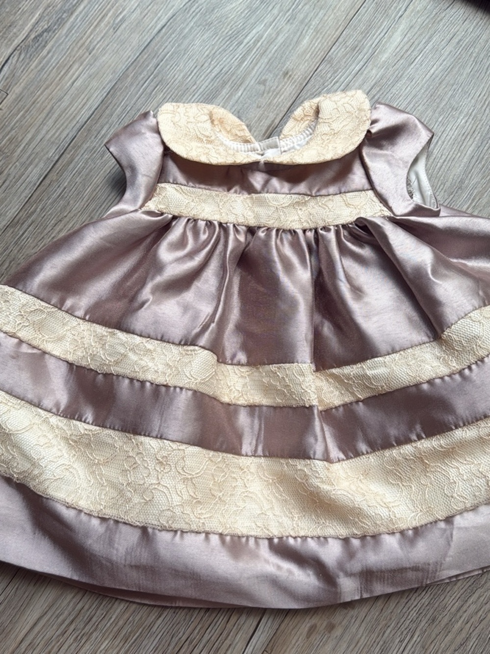 Laura Ashley Silky Satin Baby Dress with Lace Trim - Champagne & Cream special